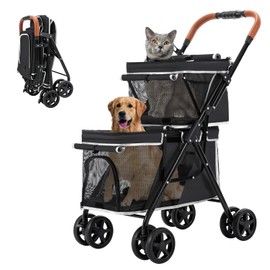 LPOTIUS Double Pet Stroller for Dogs and Cats, One-Hand Folding Dog Stroller Travel Carriage for Small Medium Dogs Cats, 4 Wheels, Black