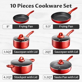 Induction Cookware Pots and Pans Set 10 Piece, BEZIA Dishwasher Safe Nonstick Cooking Pans, Stay-Cool Bakelite Handle, Scratch Resistant Kitchen Sets with Frying Pans, Saucepans & Stockpot (Red)