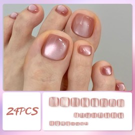 Ceboic 24 Stück Hellrosa Katzenauge Falsche Fußnägel, Französisch Fussnägel zum Kleben mit Gelee-Kleber, Kurz Square Künstliche Zehennägel Zum Aufkleben, Acryl Full Cover Toe Nails Tips für Frauen