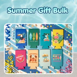 Pop Nordic Beach Slim Can Cooler Sleeves - 12 Pack Funny Tropical Beer Cozy Summer Gifts Bulk, Neoprene Insulated Drink Sleeves for Beach Party, Pool Party, Girls Trip Weekend