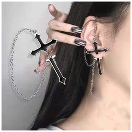 Allereya Punk Cross Chain Earrings Black Long Sword Earrings Cross Puncture Earrings Vintage Cross Chain Dangle Drop Earrings Jewelry for Women and Girls