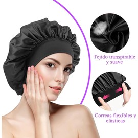 3 PCS Gorros de Satén para Mujer, Gorros de Dormir Grandes y Suaves con Correa para Cabello Liso y Rizado, Negro, Azul, Morado