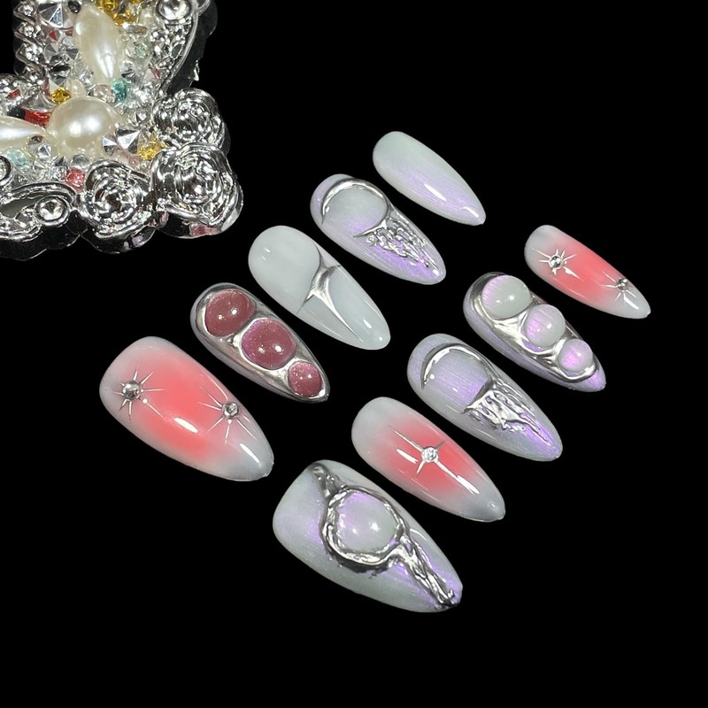 Handmade Press on Nails 3D Metal Style Medium Almond Shape