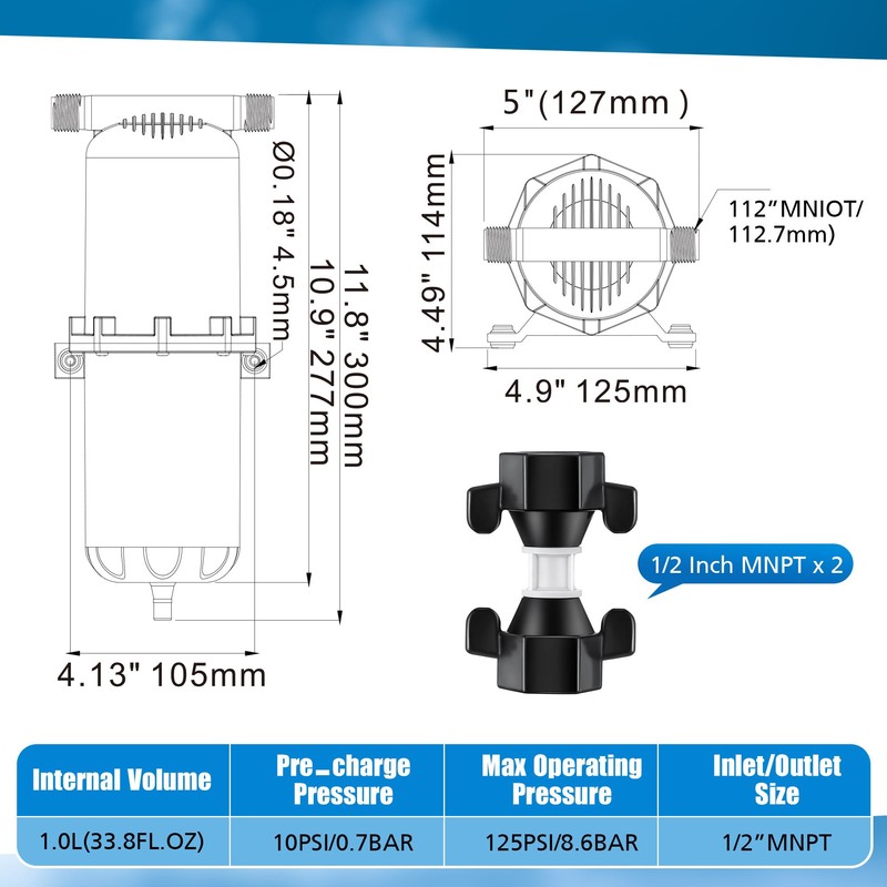 Dreyoo RV Accumulator Tank 1L 125PSI, Pre Pressurized Accumulator Tank