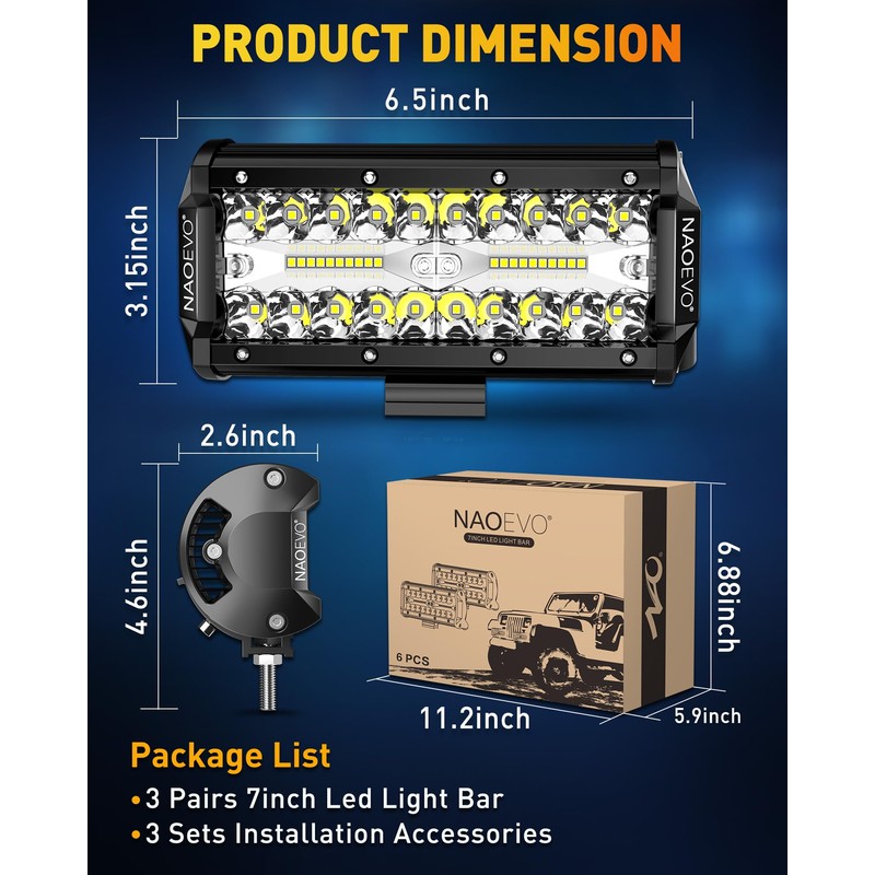 NAOEVO 7 Inch LED Light Bar, 720W 72,000LM Offroad Fog/Driving