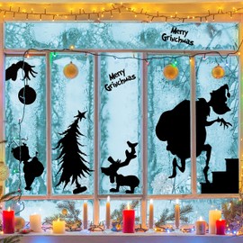 Feuid Gniea 8Pcs Green Christmas Monster Cartoon Window Clings Decals, Christmas Party Removable Stickers for Glass Windows, Birthday Party Supplies Holiday Home Decorations