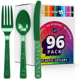 DecorRack Plastic Cutlery Set, Green Colored Plastic Silverware Sets for Parties, 96 Piece Bulk Heavy Duty Utensils (Green, 96 Pieces)