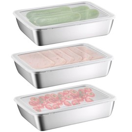 Nivofu 3PCS Stainless Steel Meal Box Food Containers with Plastic Lids Deli Meat Containers Storage Box Fridge Crisper Airtight Cookie Container Salad Plate Vegetable Container for Fridge