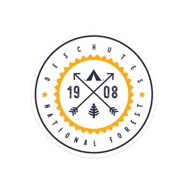 Die Cut Sticker Deschutes National Forest, Oregon, Tent, Tree and Arrows, Vinyl Sticker 1 to 3 inches (Waterproof Decal for Cars, Water Bottles, Laptops, Coolers), Small