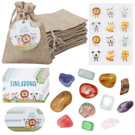Set of 12 Lucky Stones for Children, Gemstones for Children, Colourful Lucky Stone with Jute Bag and Forest Animals Greeting Cards, Lucky Charm Children, Magic Stones, Party Bags, Children's Birthday