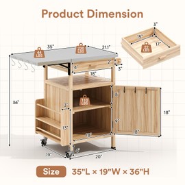 Zevemomo Outdoor Grill Cart with Drop Leaf, Stainless Steel Tabletop Outdoor Kitchen Island, Solid Wood Outdoor Buffet Cabinet with Drawer, Towel Rack, Lockable Wheels for Grilling, Light Wood Color