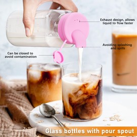 Sovietiep 4 Pack 16 Oz Square Glass Milk Bottle with A Silicone Dispenser Cap, Glass Juice Bottles with Airtight Screw Lid, Reusable Drinking Bottles with Capacity Marks, Breastmilk Storage Container