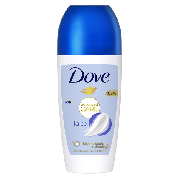 Dove Roll On Advanced Care Talcum Deodorant, Antiperspirant, Gentle Formula with Triple Moisturising, Protection up to 48 Hours, Deodorant for Men and Women, 50 ml
