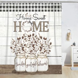 LKFBSC Farmhouse Shower Curtains,Rustic Flower Home Sweet Home Shower Curtain for Bathroom,Countryside Floral with Plaid Check Fabric Shower Curtain Set with Hooks Bath Decoration 72X72inches