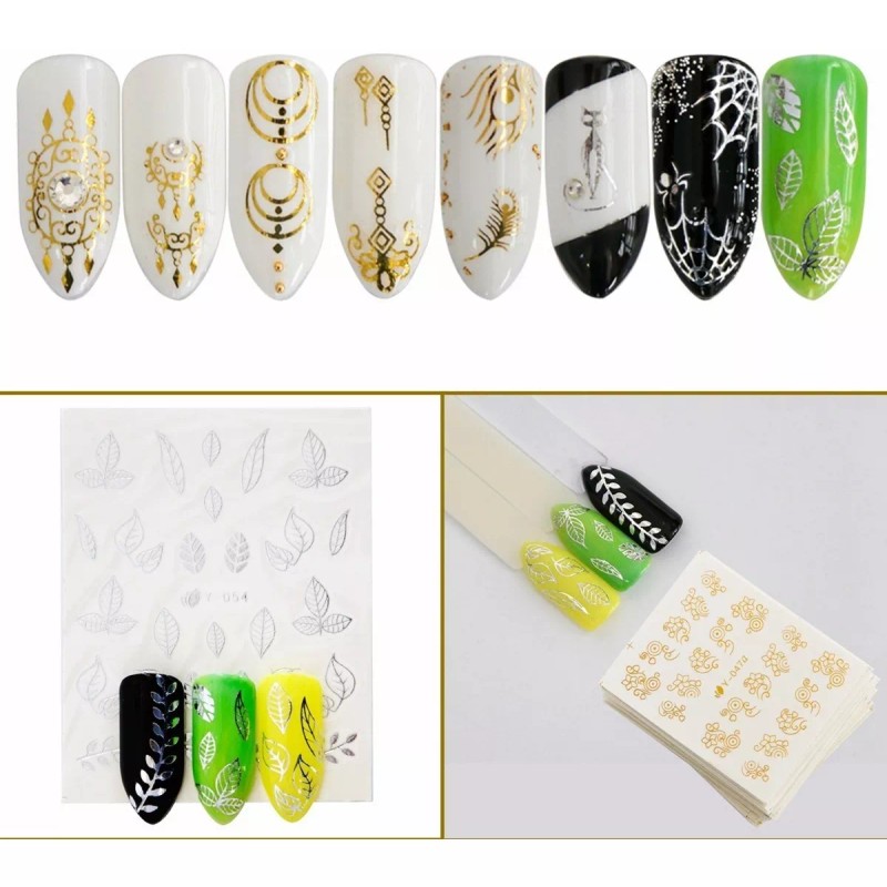 Gogox 30hojas Pegatinas Decoración Uñas Láser Dorado Plata Sticker