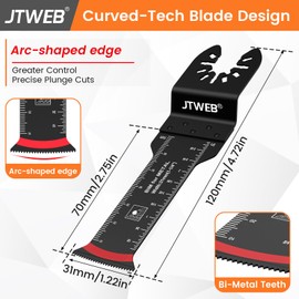 JTWEB Extra Long Oscillating Saw Blades - 12PCS Arc-Shaped Edge Bi-Metal Multitool Blades Precise Cut for Wood with Nails, Metal, Universal Quick Release Power Oscillating Tool Blades Kits