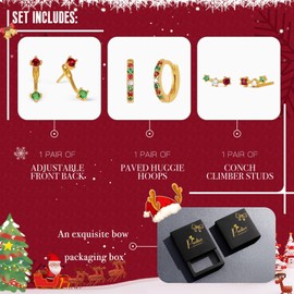 Poxtex Christmas Earrings Gifts for Women, Gold Red Green Stud Hoop Jacket Festive Holiday Earring Set for Christmas Jewelry