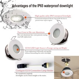 4XSweier IP65 White Waterproof Led Downlights for Bathroom, 5W Cool White 6000K 450LM, LED Ceiling Spotlight (Incl. GU10 Bulb) for Bathrooms and Kitchens, Downlight Cutout 68mm