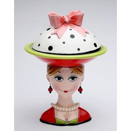 8 Inch Lady with Earrings and Red/White/Green Dilly Dot Top Candy Bowl