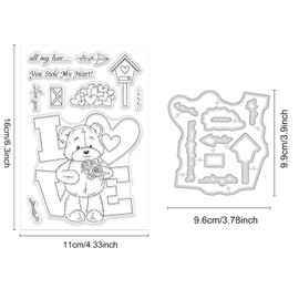 ORIGACH Valentine's Day Teddy Bear Clear Stamps and Cutting Dies for Card Making Transparent Stamps and Die Set for DIY Scrapbooking Photo Album Decoration