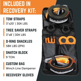 GearAmerica Off-Road Recovery Kit | Tow Strap + Tree Saver + Heavy Duty Snatch Block Pulley + Black D-Ring Shackles + Winch Line Dampener Bag + Recovery Gloves | Ultimate 4x4 Winching Accessories