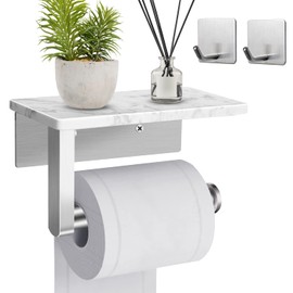 Hronta Toilet Paper Holder with Marble Shelf, SUS304 Stainless Steel Wall Mounted Toilet Paper Holder and 2 PCS Free Adhesive Hooks for Bathroom Washroom, Marble Top Toilet Paper Holder Brushed Nickel
