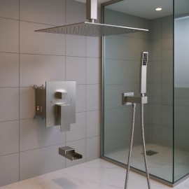 Brushed Nickel 12-Inch Ceiling Mount Square Shower System Waterfall Tub Spout With Rough In Valve Shower Room AccessoriesColor: as Pic Color
