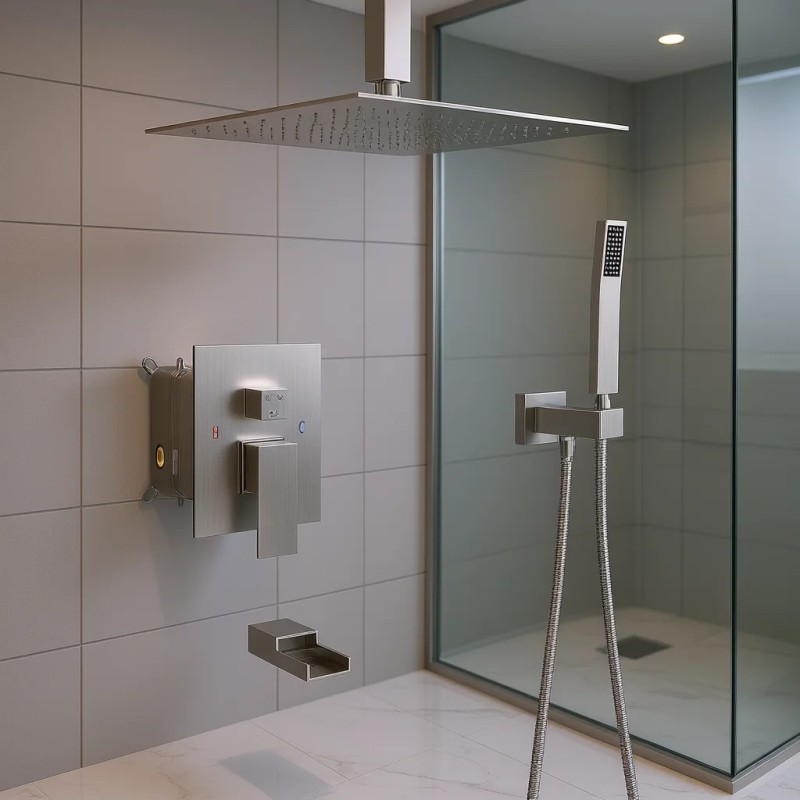 Brushed Nickel 12-Inch Ceiling Mount Square Shower System Waterfall Tub