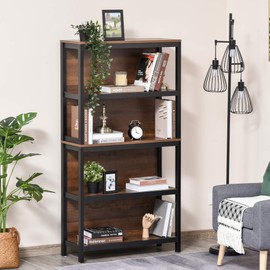 HOMCOM 4 Tier Bookshelf Utility Storage Shelf Organizer with Back Support and Anti-Topple Design, Walnut/Black