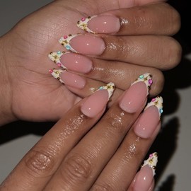 IMRAIN French Tips Press on Nails Medium Almond Fake Nails White False Nails with 3D Colorful & Golden Beads Designs Glossy Glue on Nails Full Cover DIY Artificial Stick on Nails for Women