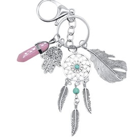 Dreamcatcher Evil Eye Keychain Good Luck Charms Protection Evil Eye Ornament for Car Key Ring (Cherry Quartz)
