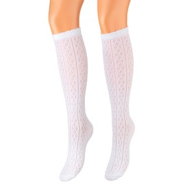 Piarini Dirndl Stockings Women's Long Costume Knee Socks with Crochet Look Cotton Long in White Black Size 1 Pair 35-38, 39-42. - 35-38