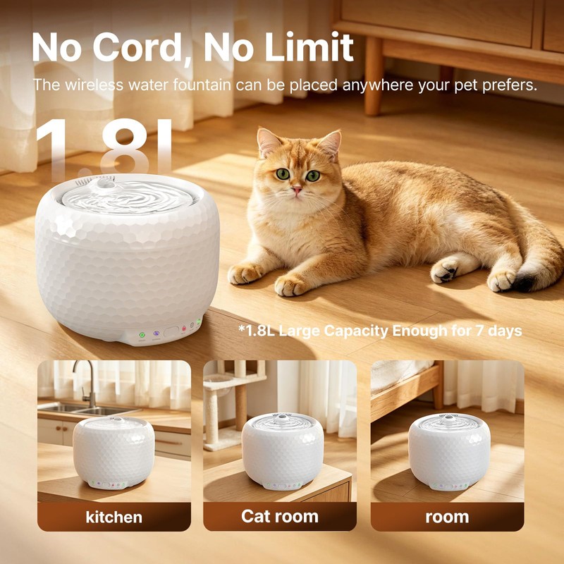 Petsuper Red Dot Award Wireless Cat Water Fountain 1.8L/60oz, 145°