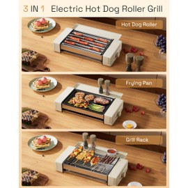 HBN 3-in-1 Hot Dog Roller Grill Machine with Nonstick Plate & Grill Rack, 800W Compact Indoor Electric Sausage Griller for Kitchen, Home, Small Space Use (Beige)
