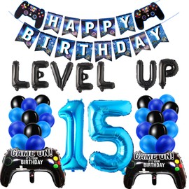 15th Birthday Decorations for Boys, Level Up Video Game Theme Party Decor Favors, Black Blue Latex Balloons Gaming Birthday Banner for Kids 15th Birthday Party Decorations