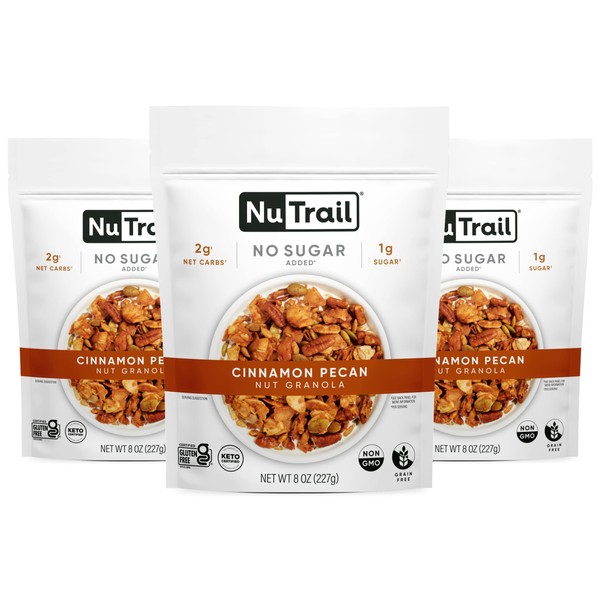 NuTrail Nut Granola, Cinnamon Pecan, No Sugar Added, Gluten Free, Grain Free, Keto, Low Carb, Healthy Breakfast Cereal 8 oz. 3 Count