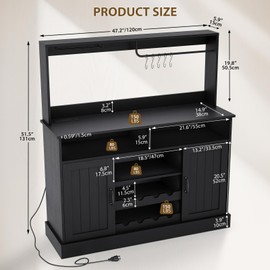 47" Farmhouse Buffet Sideboard Cabinet with Power Outlets Coffee Bar Cabinet with Storage, Large Buffet Storage Cabinet Table with Wine Racks, Goblet Holder, Hooks for Kitchen, Dining Room, Black