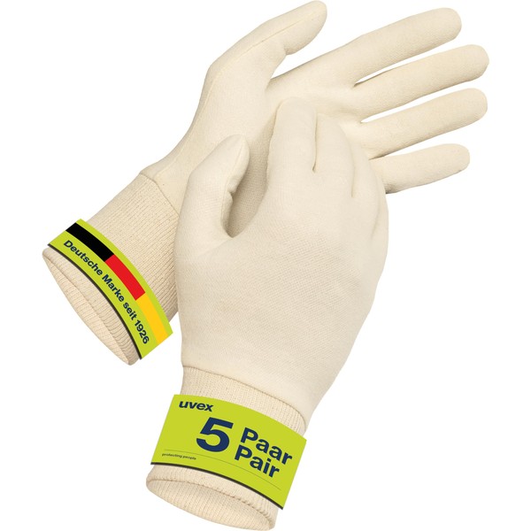 uvex Cotton Gloves - Work & Cosmetic Gloves with Elastane - Underwear/Coin Glove - Breathable & Flexible - 5 Pairs - Natural - 09/L