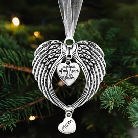 Christmas Angel Wings Memorial Ornaments ”a piece of my heart is in heaven” Angel Wing Pendants Christmas Tree Hanging Ornaments Xmas Party Decorations (Mum)