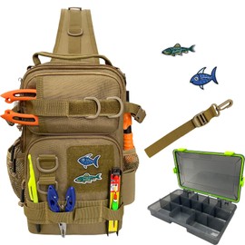 Fishing Backpack with Tackle Boxes DIY Logos, Waterproof Fishing Sling Tackle Bag with Rod Holder for Fishing Gear and Supplies Storage Bag (Khaki)