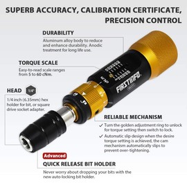 FIRSTINFO H5177 Ultra Precision Certified Torque Limiting Screwdriver 5-60 cNm (0.05-0.6 Nm), 1/4 Inch Universal Hex Quick Release Bit Holder