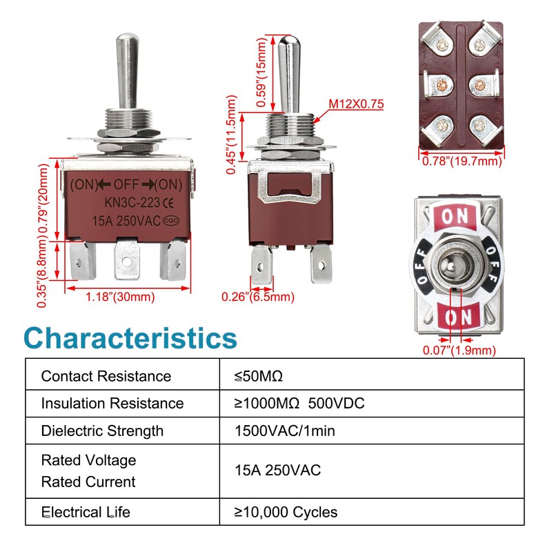 Heschen metal toggle switch DPDT, KN3C-223, momentary (ON)/OFF/(ON) 3 position