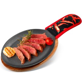 Lallisa 1 Set Cast Iron Fajita Plate Set Fajita Plate Sizzler Pan with Wooden Tray Anti Scald Protection Hot Mitt Cast Iron Skillet Set for Home Barbeque Kitchen Party Restaurant Catering Service