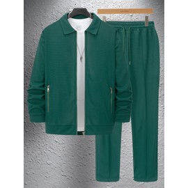 Veriliss Men's Tracksuits 2 Pieces Waffle Soft Hoodies Sweatsuit Sets Workout Top & Bottom Sets Sports Jogging Suit Set Trendy Catdigna Jacket Suit Business Outfits(Blackish Green,XL)