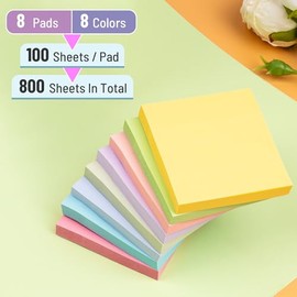 Notas adhesivas de 3 x 3 pulgadas, 8 blocs, 800 hojas, 8 blocs de notas adhesivas de colores, blocs adhesivos premium, notas adhesivas al por mayor, b