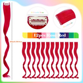 Wodelanle 12 PCS Colored Red Hair Extensions Clip in Hair Extensions Colorful 20 Inch Wavy Curly Synthetic Hairpiece Colored Hair Extensions for Kids Girls Women Party Highlights
