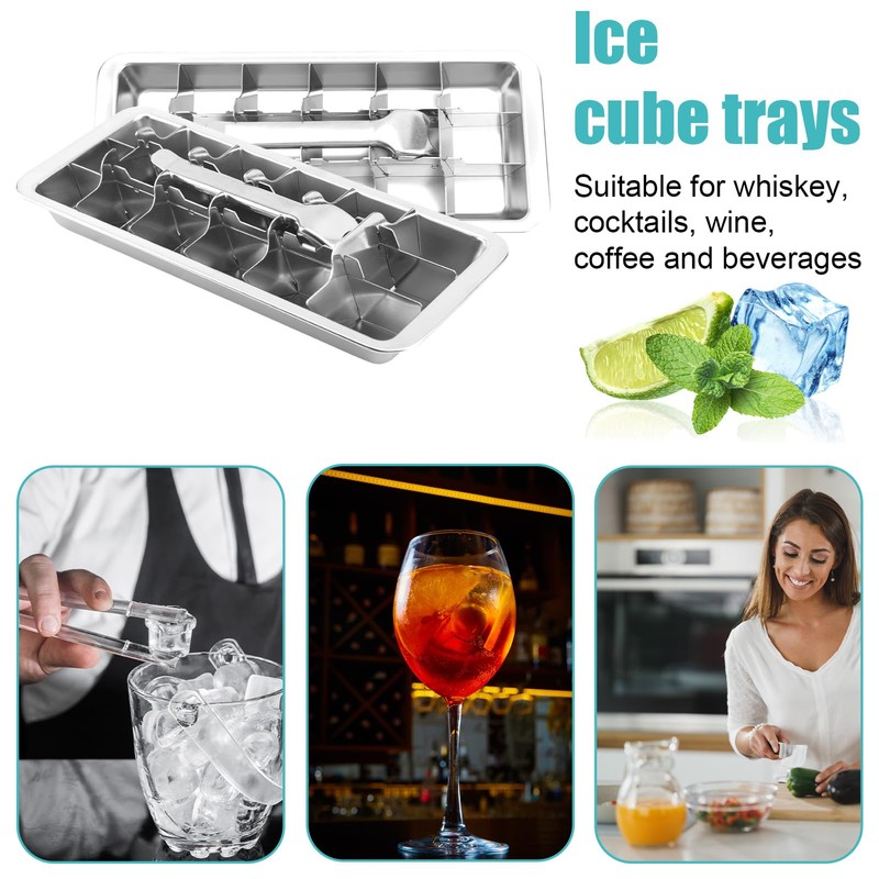 Stainless Steel Ice Cube Trays with Detachable Handle, 18-Slot Metal