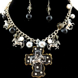 Western Peak Western Horse Rider Cross Pearl Bubble Necklace Set with Earrings