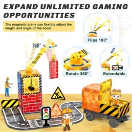 Kids Games Magnetic Tiles Road Set with Extendable Magnetic Crane, City Construction Building Toys for Toddlers STEM Preschool Ages 4-6 5-7, Gifts for 3+ Year Old Boys Girls Kids Toys with Car