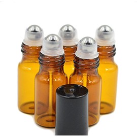 24PCS Amber Empty Glass Roller Bottle Vial Container Holder Pot Jar With Metal Roller Ball and Black Caps for Essential Oil Perfumes Lip Gloss Balms (3ml)